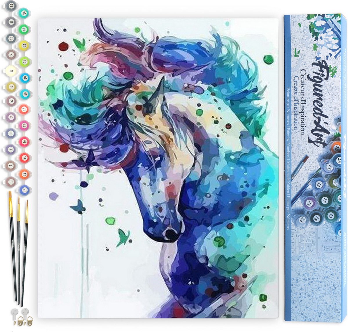 FiguredArt Schilderen op Nummer Volwassenen canvas Paard in het blauw - Handwerk acrylverf Kit DIY Compleet - 40x50cm zonder frame